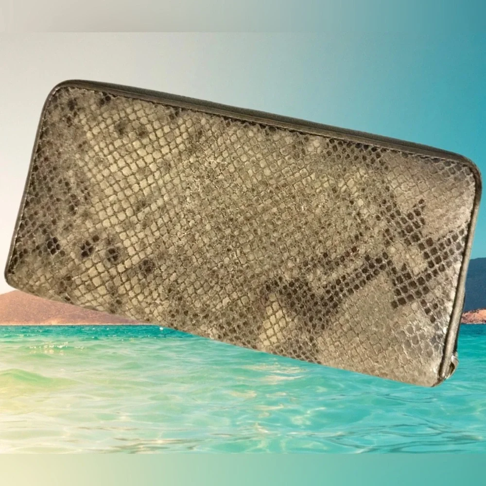 Coach Silver/Grey Ex Large Turnlock Accordion Zip Wallet - Snakeskin Pattern